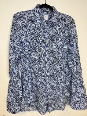 Blue Industry Men’s M 40 Blue White Botanical Leaf Print Shirt